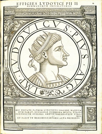 Ludovico il Pio, illustrazione da Imperatorum romanorum omnium orientalium et occidentalium verissimae imagines ex antiquis numismatis, xilografia di Rudolph Wyssenbach, stampata da Andreas Gesner, Zurigo da Hans Rudolf Manuel Deutsch